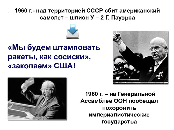 1960 г.- над территорией СССР сбит американский самолет – шпион У – 2