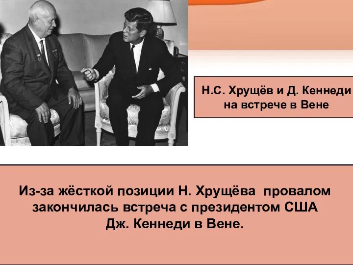 Из-за жёсткой позиции Н. Хрущёва провалом закончилась встреча с президентом США Дж. Кеннеди