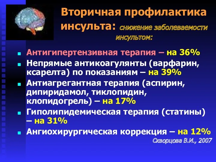 Вторичная профилактика инсульта: снижение заболеваемости инсультом: Антигипертензивная терапия – на