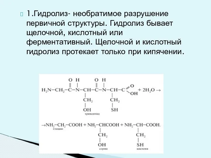 1.Гидролиз- необратимое разрушение первичной структуры. Гидролиз бывает щелочной, кислотный или