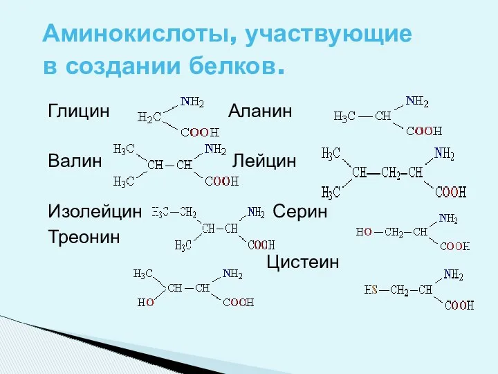 Глицин Аланин Валин Лейцин Изолейцин Серин Треонин Цистеин Аминокислоты, участвующие в создании белков.