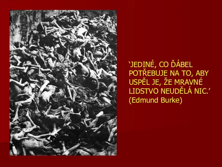 ‘JEDINÉ, CO ĎÁBEL POTŘEBUJE NA TO, ABY USPĚL JE, ŽE MRAVNÉ LIDSTVO NEUDĚLÁ NIC.’ (Edmund Burke)