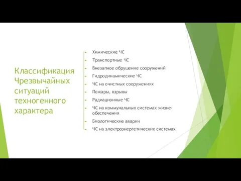 Классификация Чрезвычайных ситуаций техногенного характера Химические ЧС Транспортные ЧС Внезапное