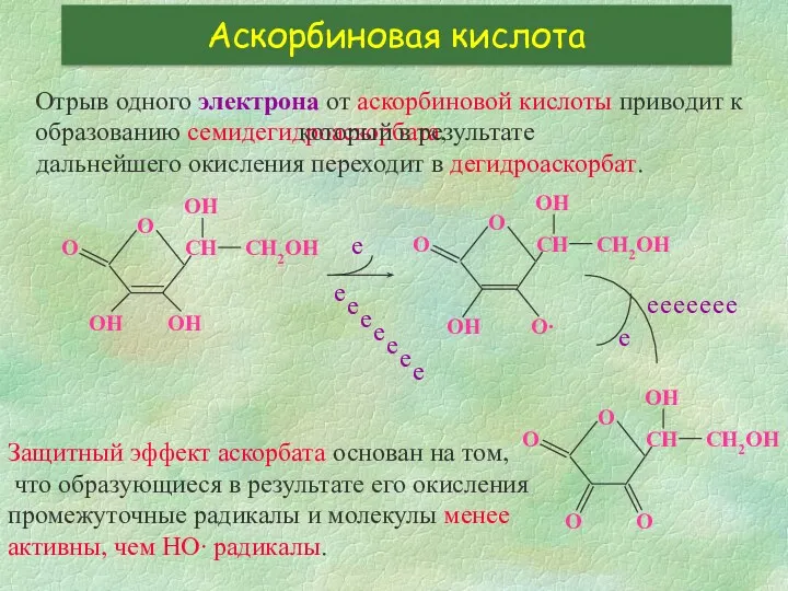 Аскорбиновая кислота Отрыв одного электрона от аскорбиновой кислоты приводит к