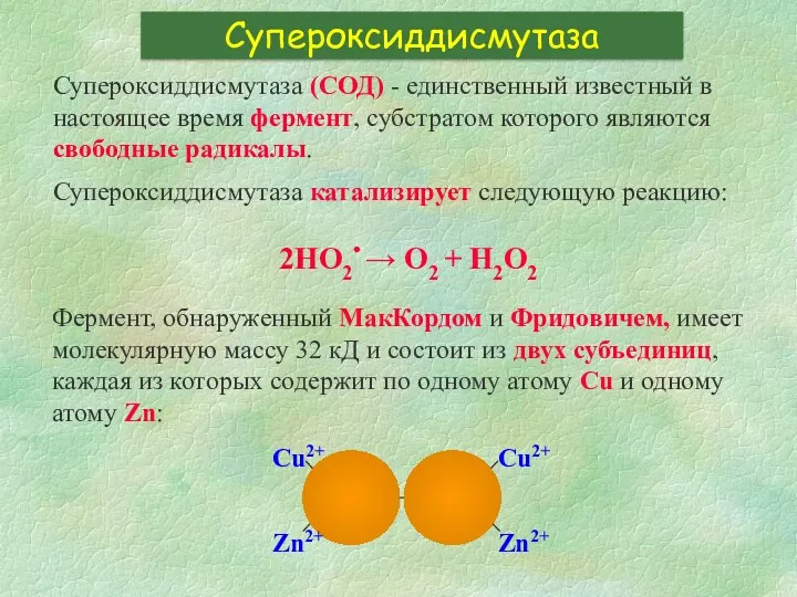 Супероксиддисмутаза Супероксиддисмутаза (СОД) - единственный известный в настоящее время фермент,