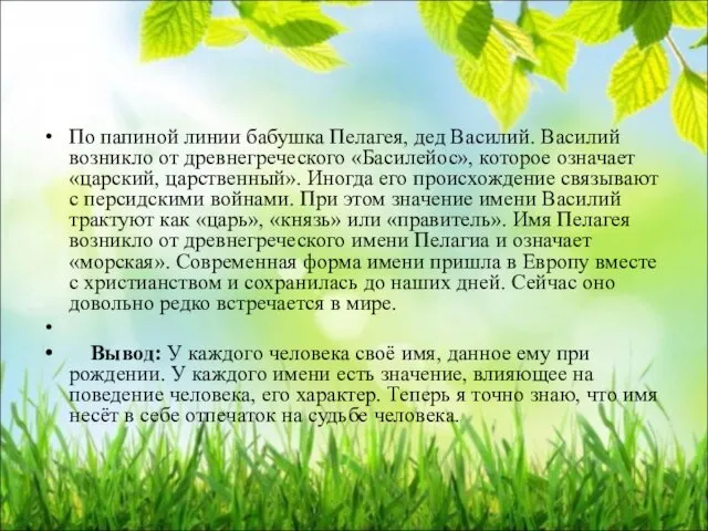 По папиной линии бабушка Пелагея, дед Василий. Василий возникло от