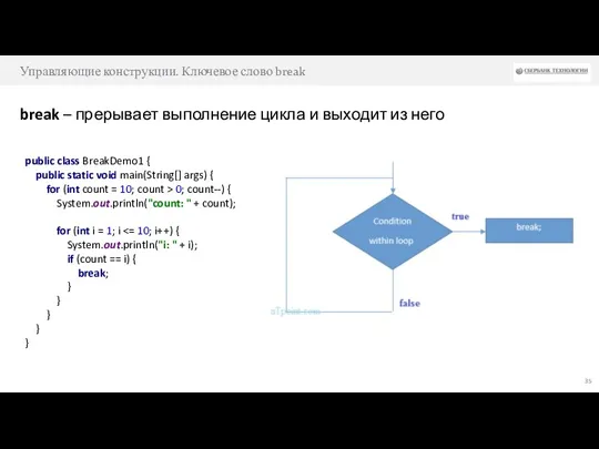 Управляющие конструкции. Ключевое слово break break – прерывает выполнение цикла