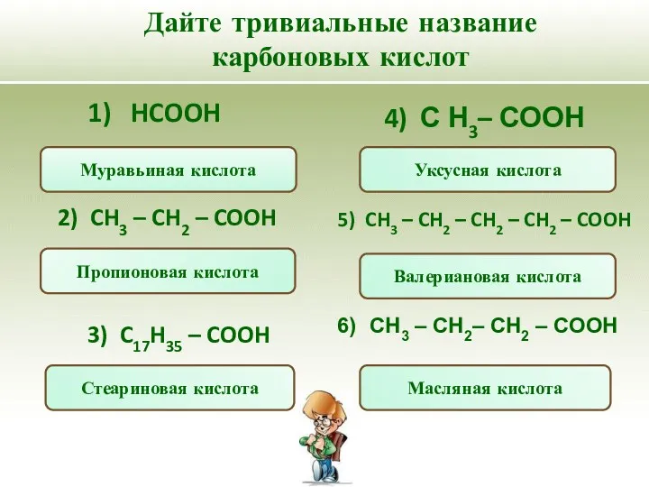 Дайте тривиальные название карбоновых кислот CH3 – CH2– CH2 –