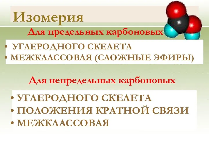 Изомерия Для предельных карбоновых кислот УГЛЕРОДНОГО СКЕЛЕТА МЕЖКЛАССОВАЯ (СЛОЖНЫЕ ЭФИРЫ)