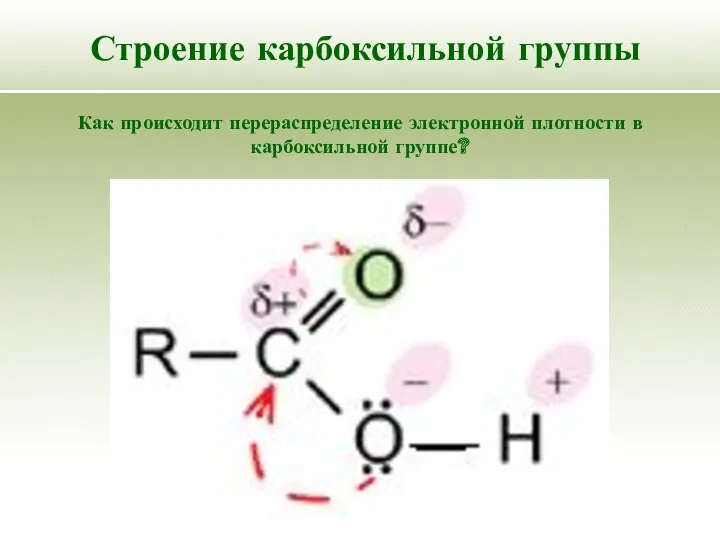 Строение карбоксильной группы Как происходит перераспределение электронной плотности в карбоксильной группе?