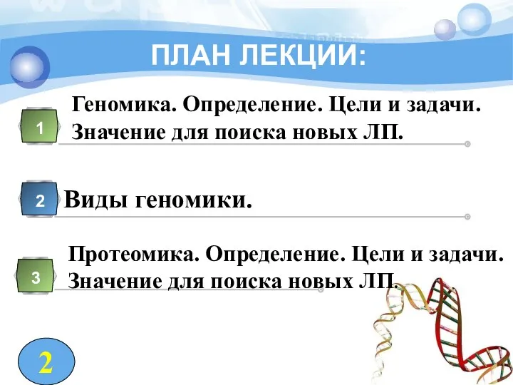 ПЛАН ЛЕКЦИИ: Геномика. Определение. Цели и задачи. Значение для поиска новых ЛП. 1