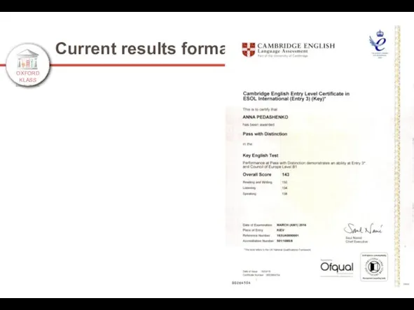 OXFORD KLASS ENGLISH SCHOOL Current results format