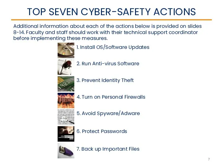 TOP SEVEN CYBER-SAFETY ACTIONS 1. Install OS/Software Updates 2. Run Anti-virus Software 3.