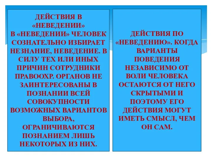 ДЕЙСТВИЯ В «НЕВЕДЕНИИ» В «НЕВЕДЕНИИ» ЧЕЛОВЕК СОЗНАТЕЛЬНО ИЗБИРАЕТ НЕЗНАНИЕ, НЕВЕДЕНИЕ. В СИЛУ ТЕХ