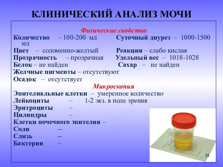 КЛИНИЧЕСКИЙ АНАЛИЗ МОЧИ Физические свойства Количество – 100-200 мл Суточный