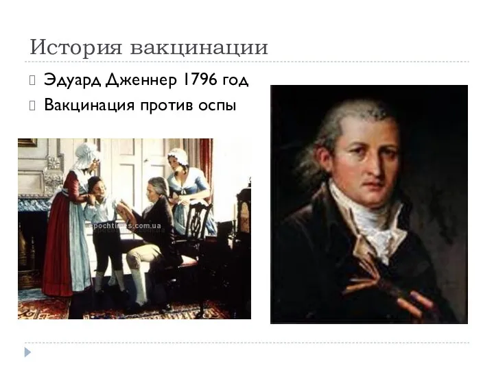 История вакцинации Эдуард Дженнер 1796 год Вакцинация против оспы