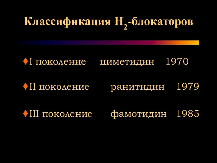 Классификация Н2-блокаторов I поколение циметидин 1970 II поколение ранитидин 1979 III поколение фамотидин 1985