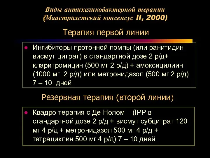 Виды антихеликобактерной терапии (Маастрихстский консенсус II, 2000) Ингибиторы протонной помпы