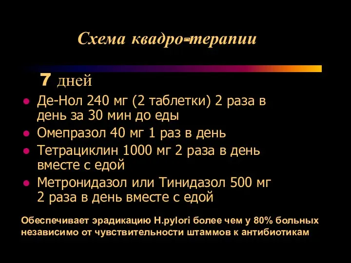 Схема квадро-терапии Де-Нол 240 мг (2 таблетки) 2 раза в