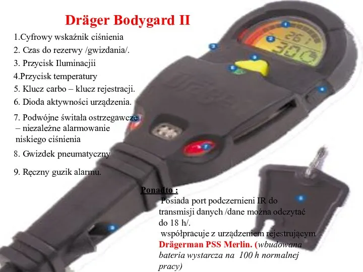 Dräger Bodygard II 1.Cyfrowy wskaźnik ciśnienia 2. Czas do rezerwy