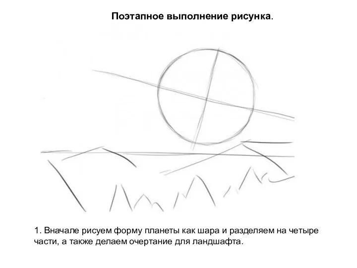 Поэтапное выполнение рисунка. 1. Вначале рисуем форму планеты как шара