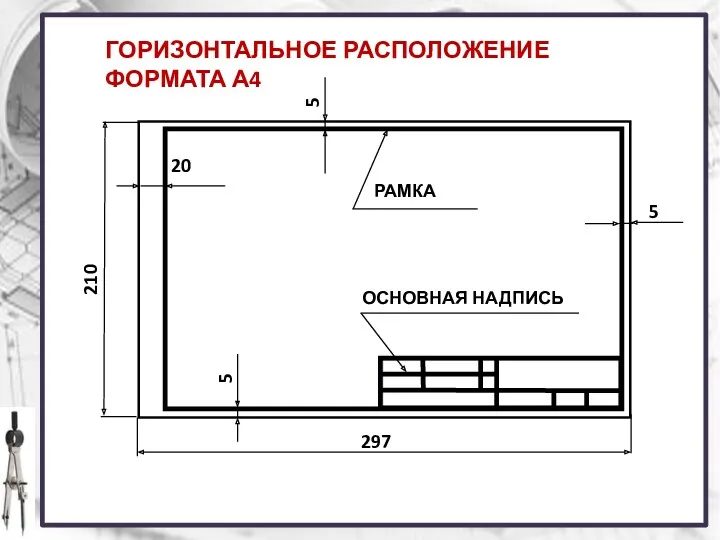 ГОРИЗОНТАЛЬНОЕ РАСПОЛОЖЕНИЕ ФОРМАТА А4 210 297 20 5 5 5 ОСНОВНАЯ НАДПИСЬ РАМКА