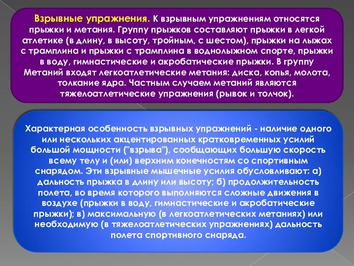 Взрывные упражнения. К взрывным упражнениям относятся прыжки и метания. Группу