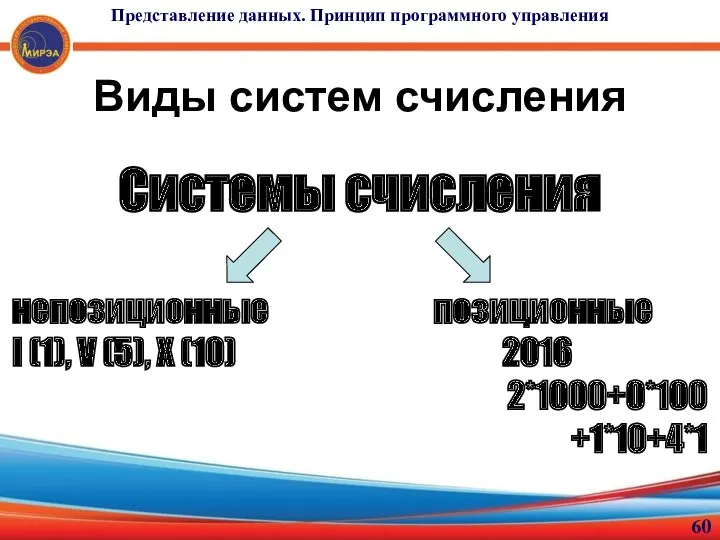 Виды систем счисления Системы счисления непозиционные позиционные I (1), V