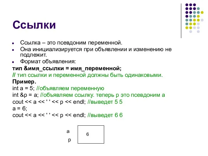 Ссылки Cсылка – это псевдоним переменной. Она инициализируется при объявлении и изменению не
