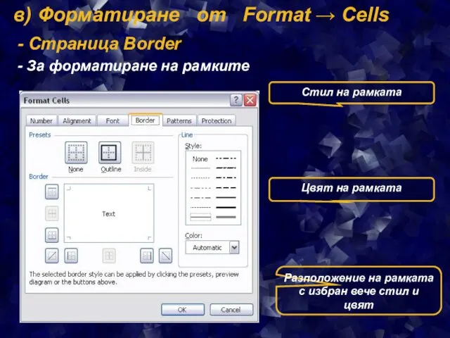 в) Форматиране от Format → Cells - Страница Border -