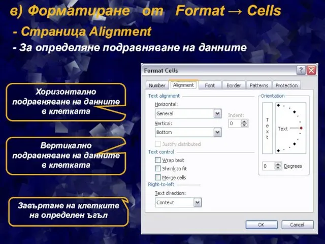 в) Форматиране от Format → Cells - Страница Alignment -