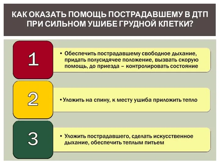 КАК ОКАЗАТЬ ПОМОЩЬ ПОСТРАДАВШЕМУ В ДТП ПРИ СИЛЬНОМ УШИБЕ ГРУДНОЙ КЛЕТКИ?