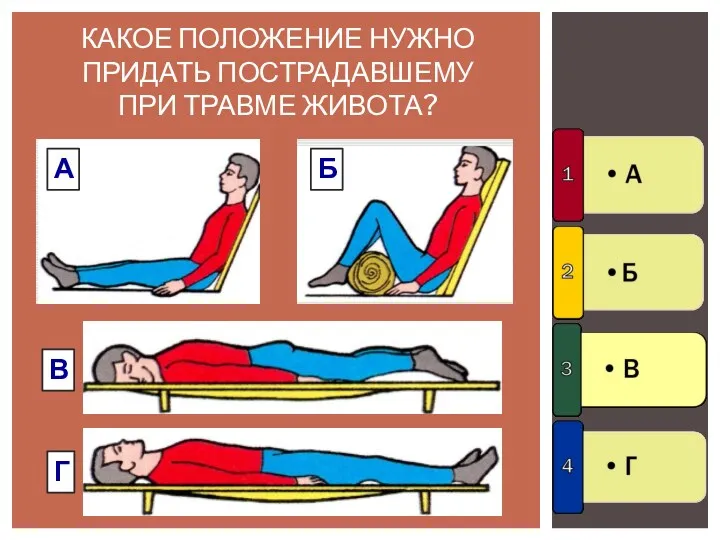 КАКОЕ ПОЛОЖЕНИЕ НУЖНО ПРИДАТЬ ПОСТРАДАВШЕМУ ПРИ ТРАВМЕ ЖИВОТА? Г Б В А