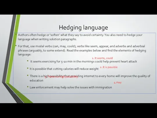 Hedging language Authors often hedge or 'soften' what they say