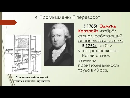 В 1785г. Эдмунд Картрайт изобрёл станок, работающий от парового двигателя.