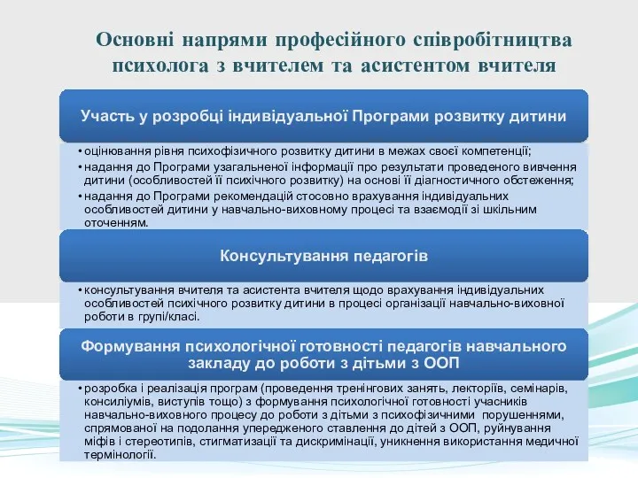 Основні напрями професійного співробітництва психолога з вчителем та асистентом вчителя