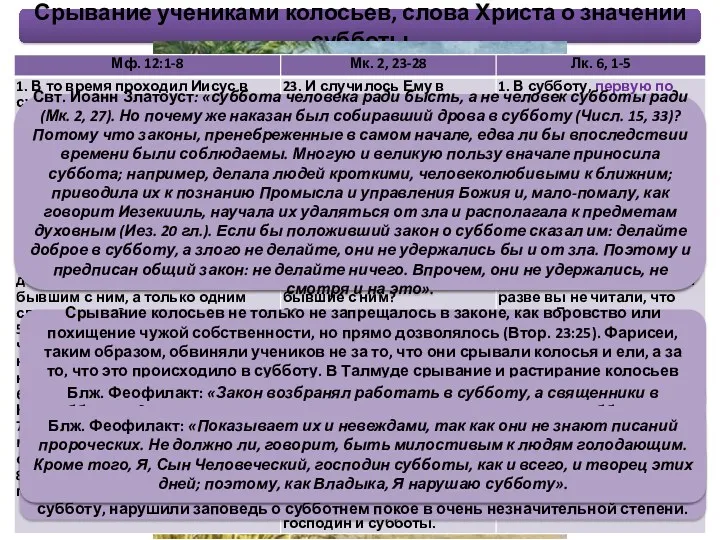 Срывание учениками колосьев, слова Христа о значении субботы Сила примера