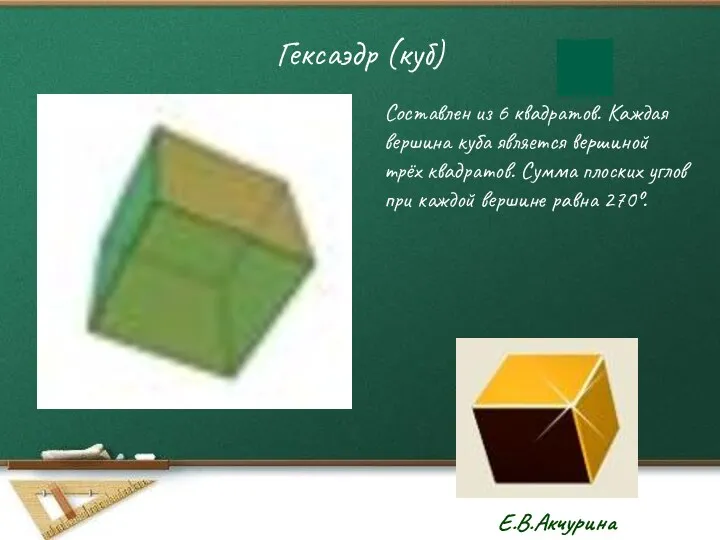 Гексаэдр (куб) Составлен из 6 квадратов. Каждая вершина куба является