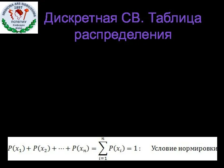 Дискретная СВ. Таблица распределения Ряд распределения(может быть конечным или бесконечным)