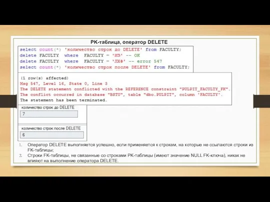 PK-таблица, оператор DELETE Оператор DELETE выполняется успешно, если применяется к