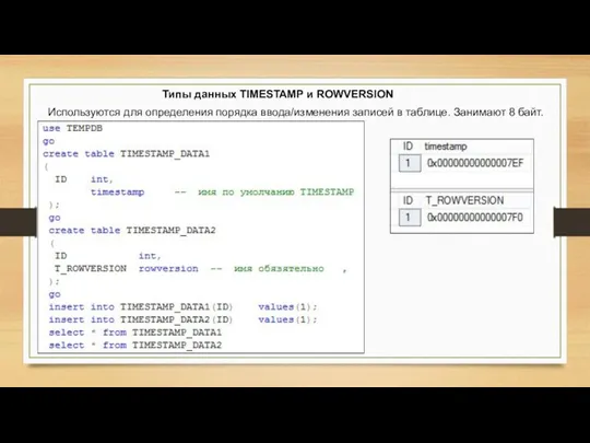 Типы данных TIMESTAMP и ROWVERSION Используются для определения порядка ввода/изменения записей в таблице. Занимают 8 байт.