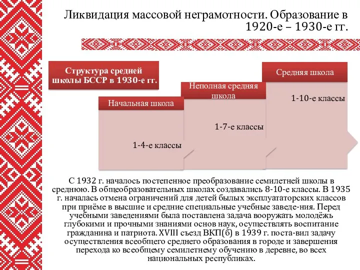 С 1932 г. началось постепенное преобразование семилетней школы в среднюю.