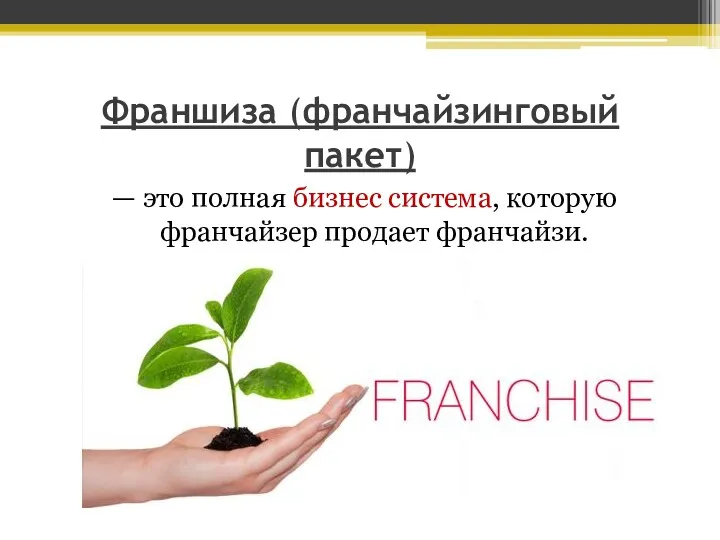 Франшиза (франчайзинговый пакет) — это полная бизнес система, которую франчайзер продает франчайзи.