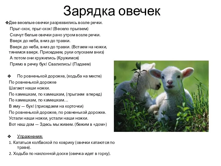 Зарядка овечек Две веселые овечки разрезвились возле речки. Прыг-скок, прыг-скок!