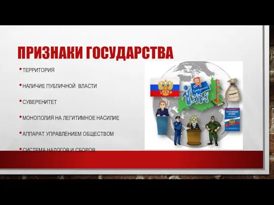 ПРИЗНАКИ ГОСУДАРСТВА ТЕРРИТОРИЯ НАЛИЧИЕ ПУБЛИЧНОЙ ВЛАСТИ СУВЕРЕНИТЕТ МОНОПОЛИЯ НА ЛЕГИТИМНОЕ