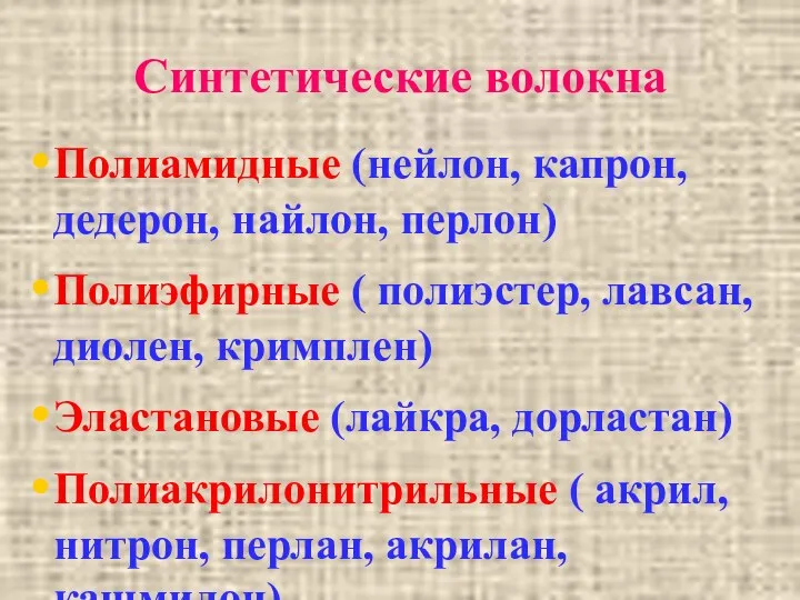 Синтетические волокна Полиамидные (нейлон, капрон, дедерон, найлон, перлон) Полиэфирные (