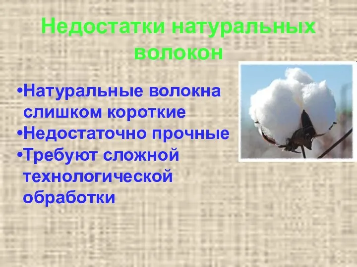 Недостатки натуральных волокон Натуральные волокна слишком короткие Недостаточно прочные Требуют сложной технологической обработки