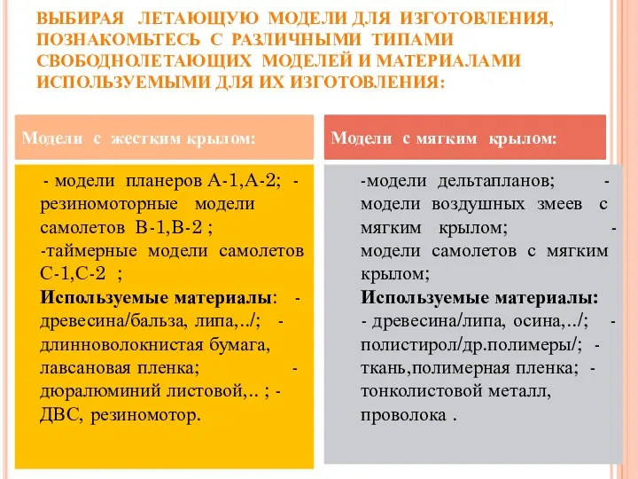 ВЫБИРАЯ ЛЕТАЮЩУЮ МОДЕЛИ ДЛЯ ИЗГОТОВЛЕНИЯ, ПОЗНАКОМЬТЕСЬ С РАЗЛИЧНЫМИ ТИПАМИ СВОБОДНОЛЕТАЮЩИХ