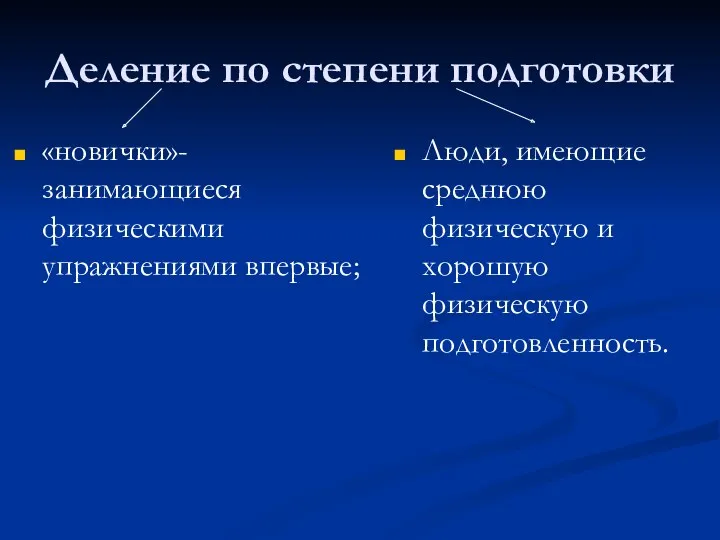 Деление по степени подготовки «новички»- занимающиеся физическими упражнениями впервые; Люди,