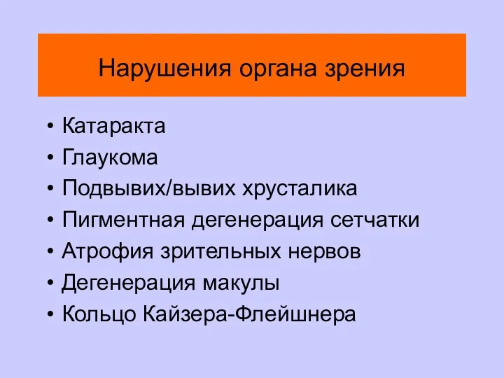 Нарушения органа зрения Катаракта Глаукома Подвывих/вывих хрусталика Пигментная дегенерация сетчатки